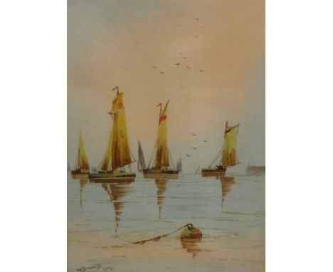 W. S. Davis (20thC). Boats drying sails, watercolour, signed and dated 1919, 33cm x 24cm, and a street scene, print (2).