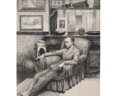 Wren (20thC). Figure in a chair, smoking before pictures, etching print, 33cm x 24cm.