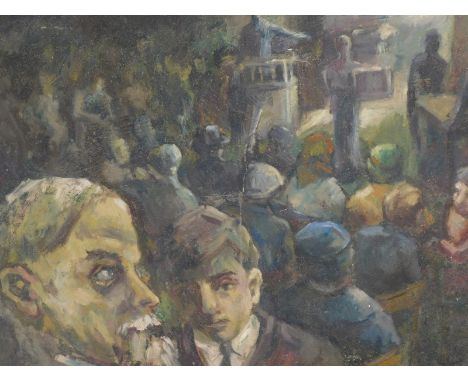 20thC School. Figures at an auction, indistinctly signed, oil on board, 62cm x 76cm, a still life indistinctly signed, and Ma