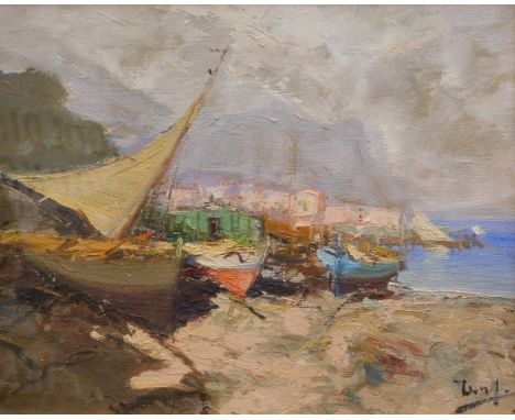 19thC Continental School. Moored boats, seascape, hills in the distance, oil, indistinctly signed, 23cm x 28cm.