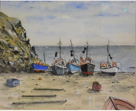 Terence Ward (20thC). Fishing boats at Cadgwith Cove, Cornwall, pen and wash, signed, attributed verso, 23cm x 31cm. 
