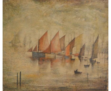 Laurence Stephen Lowry (1887-1976). Sailing boats, artist signed print, EFH blind stamp 1975 Venture Prints, 30cm x 35cm.