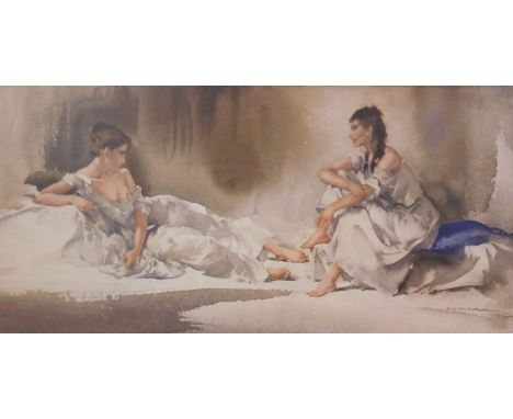 After Russell Flint. Gypsy girls in interior setting, print, 22cm x 46cm.