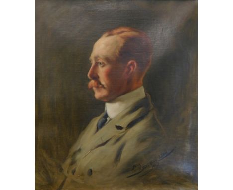 Sir John Helier Lander (1869-1944), portrait of a gentleman, head and shoulders side profile, wearing a suit, oil on canvas, 