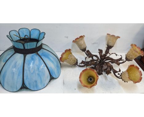 Two Christopher Ray lamp, one with patinated metal leaves and six glass shades and a blue on metal glass shade A/FLocation:G 