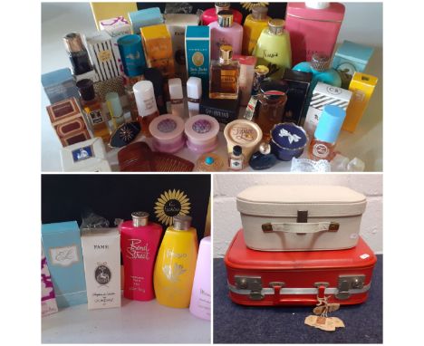 A vintage perfume collection of sealed and partially used bottles, two 1970's vanity cases and a quantity of mid to late 20th