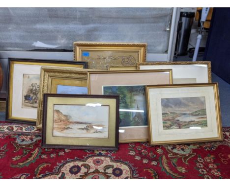 Mixed pictures to include a 19th century English school watercolour of Fisher Folk on a shoreline, a print after Charles B Ne