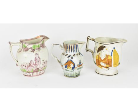 Three late 18th/early nineteenth century prattware moulded jugs, to include two naval theme ones, with Lord Garvis? and 'Gene