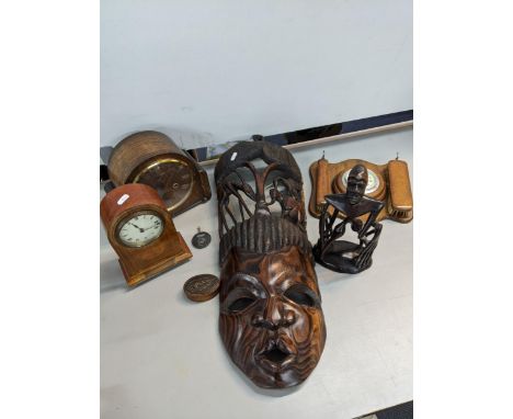A mixed lot to include a Victorian mahogany mantle clock A/F together with a wall hanging barometer and two brushes together 