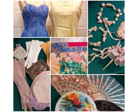 Mid to late 20th Century vintage ladies clothing, fans A/F, hair garlands, gloves, silk scarves to include a National Trust e