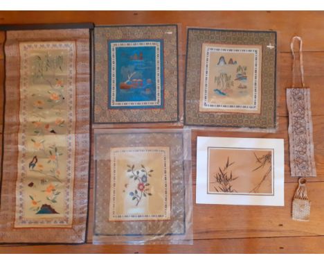 A selection of mid to late 20th Century Chinese embroidered panels on silk to include one on a scroll mount together with a C