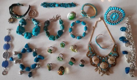 A quantity of vintage turquoise coloured bead bracelets and necklaces, together with turquoise examples to include a Heishi S