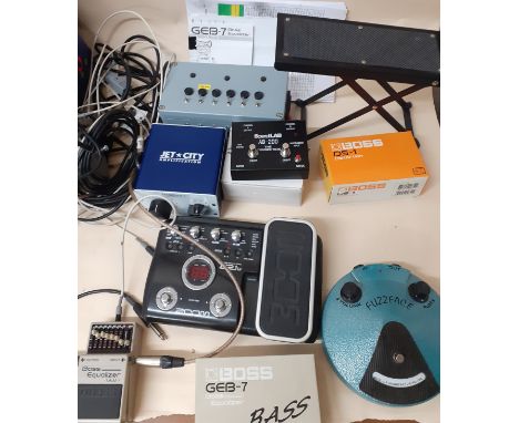 A GEB-7 Bass equalizer with owner's manual and additional leads, a Sound Lab AB-2, a Fuzzface and other related items. 