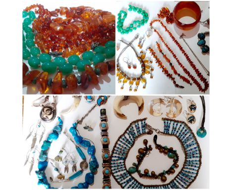Mixed 20th Century native and amber jewellery to include turquoise and red coral cabochon items, silver tone and dream catche