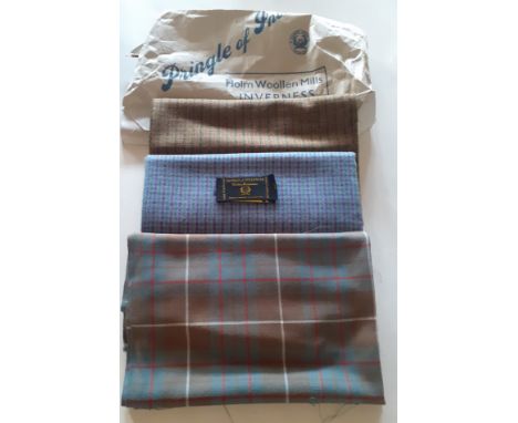 Three samples of vintage Pringle fabric in different designs to include tweed and tartan purchased from Holm Woollen Mills, I