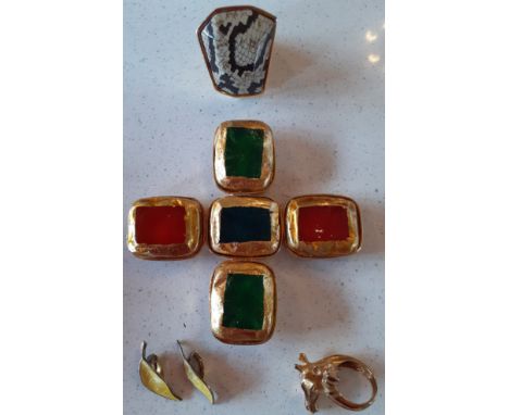 A pair of Norwegian silver gilt and yellow enamelled leaf design clip on earrings together with a silver gilt contemporary ri
