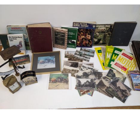 Printed ephemera to include postcards, programmes, books along with a quartz clock, scales, a sewing machine and other itemsL