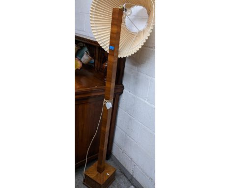 An Art Deco walnut veneered standard lamp on square base, with shade, and a similar walnut veneered table lamp, with shadeLoc