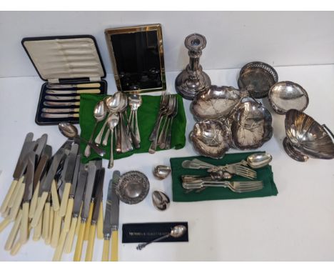 A silver embossed and pierced dish, 36g and various silver plate to include a candlestick, flatware and other itemsLocation: 