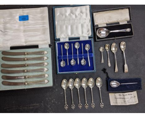 A selection of silver flatware to include a cased set of John Dixson coffee spoons, a cased set of silver handled butter kniv
