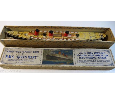 CUNARD: A “TAKE TO PIECES” MODEL OF QUEEN MARY BY THE CHAD VALLEY CO. LTD, CIRCA 1936 
 Contained within original box of issu