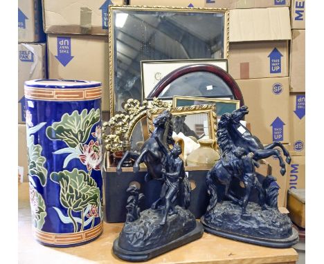 A pair of spelter Marley horses, 43cm h, majolica style stick stand, 51cm h, salt-glazed stoneware flagons, pictures, prints,