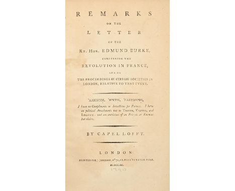 French Revolution. Lofft (Capel), Remarks on the Letter of the Rt. Hon. Edmund Burke, Concerning the Revolution in France, an