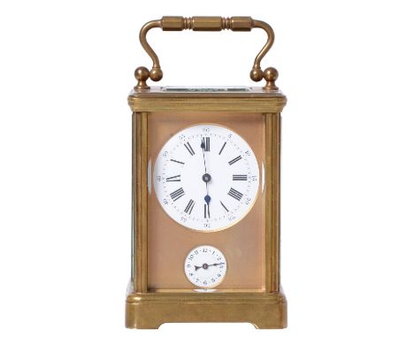 A French brass carriage clock, early 20th c, with lever escapement and enamel dials, the case with bevelled glass, 11cm h exc