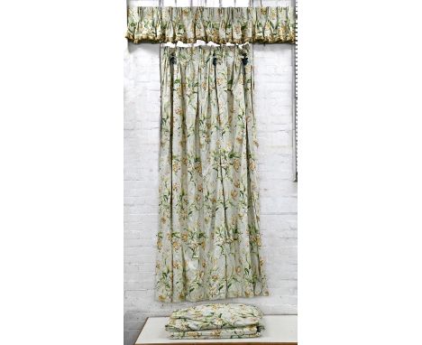 A pair of pale green cotton sateen curtains,&nbsp; with floral pattern, interlined, two widths in each curtain, drop 276cm an