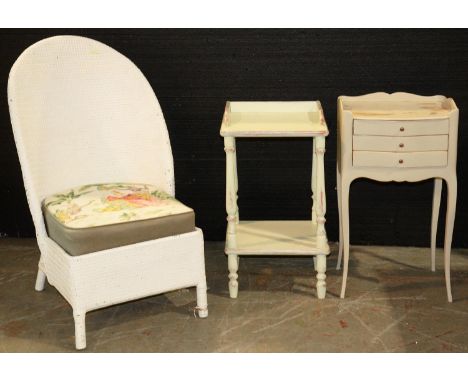 A white painted Lloyd Loom style nursing chair and two bedside cabinets Paint peeling and scuffed on side cabinets
