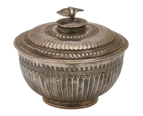 A Queen Anne silver sugar bowl and cover, with band of fluting on a matted ground, the domed cover with leaves finial, the un
