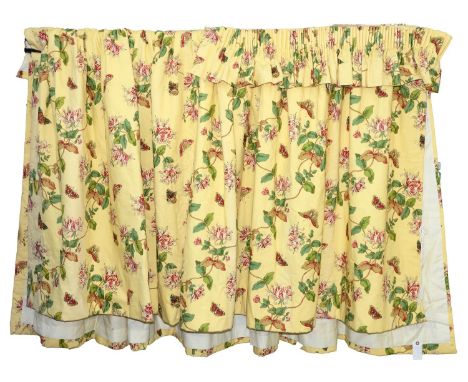 A pair of yellow honeysuckle and butterfly pattern curtains,&nbsp;&nbsp;&nbsp;two and half widths in each, drop 120cm and mat