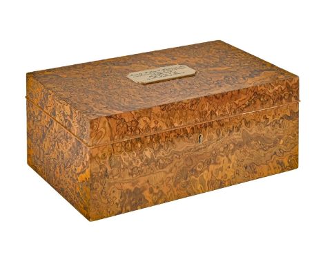A burr walnut humidor, with brass presentation plaque, 15 x 35 x 21cm Overall good condition with some minor light surface sc