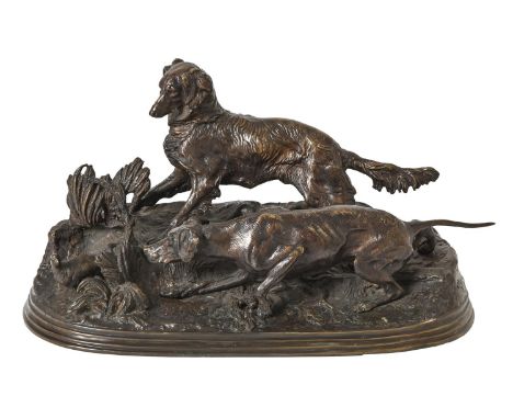 A bronze animalier&nbsp;sculpture of Chasse&nbsp;à&nbsp;la Perdrix, 20th c, cast from a model by Pierre-Jules Mêne, rich brow