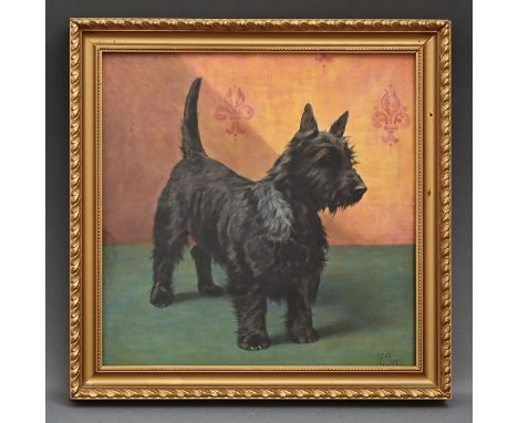 A Mintons porcelain plaque, 1913, painted by J. E. Dean, signed, with a Scottish terrier, 31 x 31cm, impressed marks, framed 