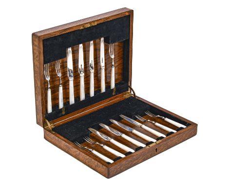 A set of fifteen mother of pearl hafted silver dessert knives and forks, by John Sanderson &amp; Son, Sheffield, 1942, cased,