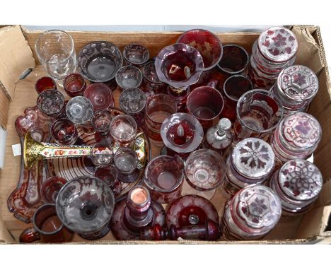 A group of ruby flashed glassware, mid-19th c and later, to include jars, vases and drinking glasses, various sizes Various c