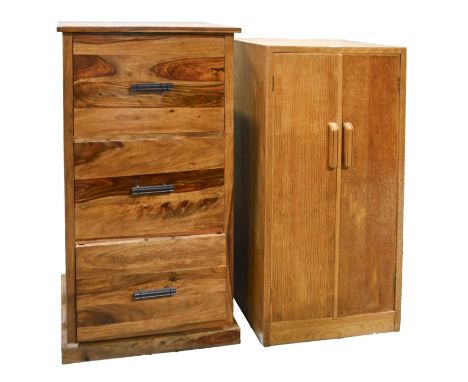A light oak cupboard, in early 20th c style, 100cm h and a South East Asian hardwood three-drawer filing cabinet, 106cm h and