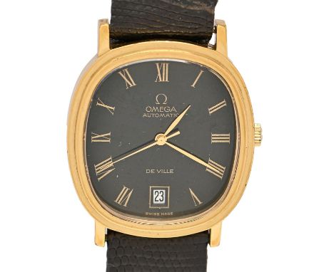 An Omega gold plated cushion shaped black dial self-winding gentleman's wristwatch, De Ville, 32 x 34mm Light wear scratches,