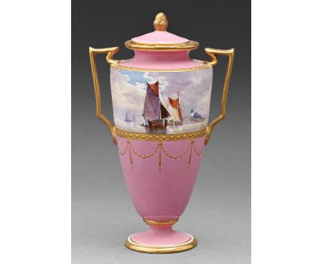 A Mintons bone china vase and cover, early 20th c,&nbsp;painted by J E Dean, signed, with boats, 15cm h, printed, painted and