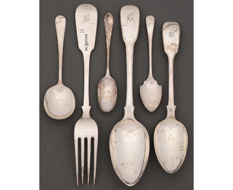 Five silver table and other spoons and a table fork, George III and later, various patterns, 7oz 15dwt Light wear consistent 