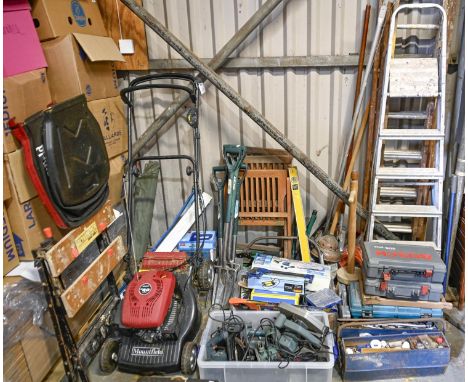 A Mountfield RV40 150cc petrol lawnmower and miscellaneous garden and other tools, including Bosch GBH 2-24 DFR drill, Bosch 