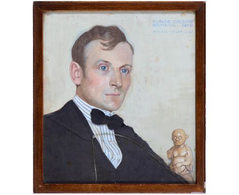 Horace Taylor (1881-1934) - Portrait of Claude Calthrop, bust-length, a Chinese soapstone sculpture of Li Tieguai in the back