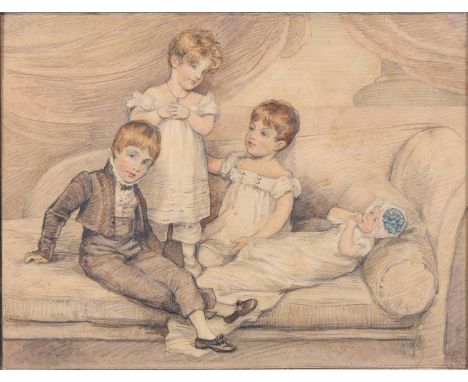 English School, c1820 - Portrait of Four Siblings, full-length, the children positioned on a sofa, monogrammed J.E.P. in the 