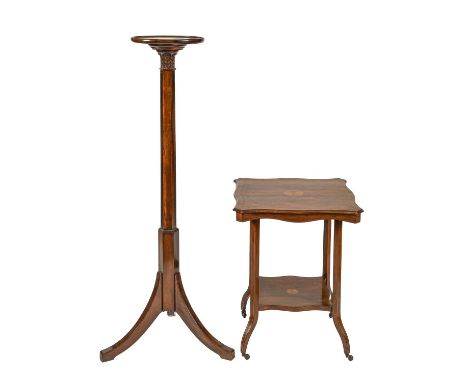 An Edwardian inlaid rosewood two tier occasional table, 66cm x 52cm and a later mahogany tripod torchere, with hexagonal reed