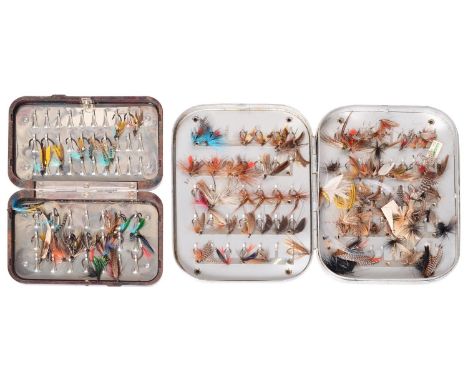 Vintage fishing tackle. A Hardy Bros Neroda pocket fly box, 9.5 x 6.5cm and a similar Hardy alloy example, 12 x 9cm, both con