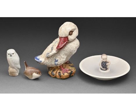 A Royal Copenhagen dish and a model of an owl, no 3230 and 1741, green printed mark, painted waves in underglaze blue and a&n