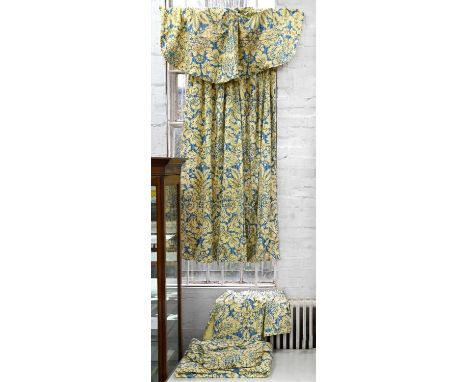 A pair of blue and gold cotton sateen&nbsp; curtains,&nbsp; one and half widths in each, drop 228cm, deep pelmet, tie backs, 