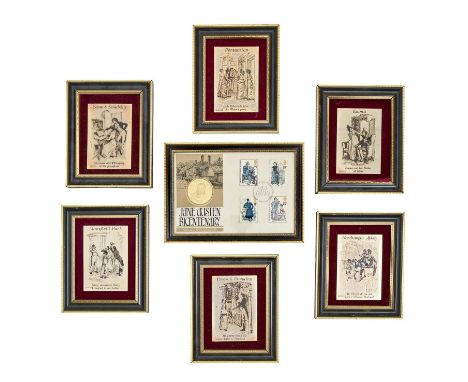 A set of six Elizabeth II etched silver gilt illustrations&nbsp;to the novels of Jane Austen, 95 x 68mm, by The Birmingham Mi