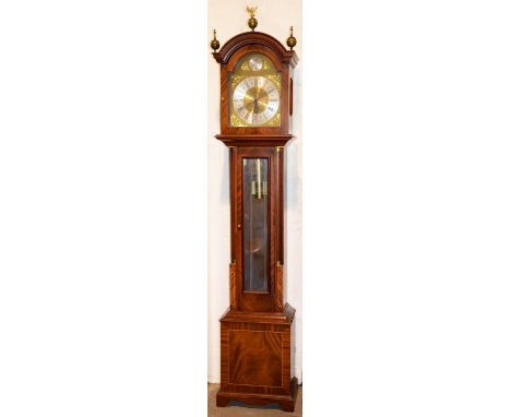 A modern inlaid mahogany longcase clock, the arched top brass dial with silver chapter ring inscribed James Stewart Armagh, m